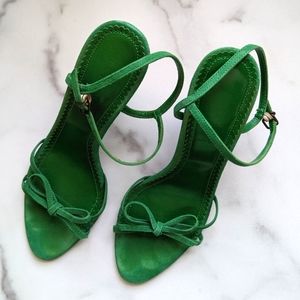 J Crew Strappy Bow Tie Green Suede Heels